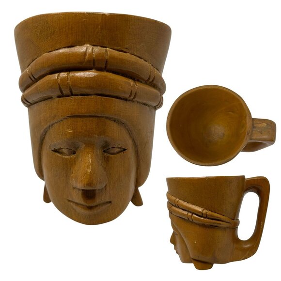 Vintage Hand Carved Mug Cup Wooden Wood Art Deco Woman Head Face 4.25" Tall - Picture 1 of 12